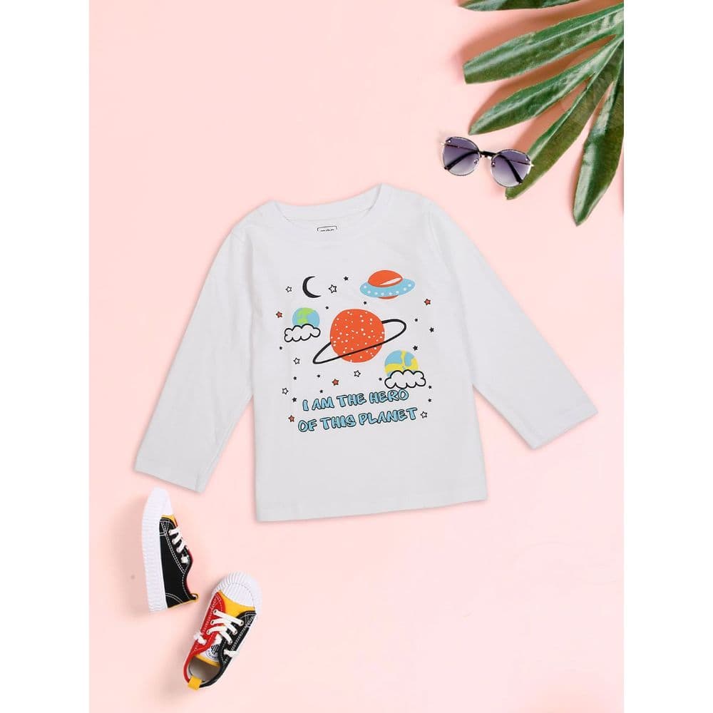 Meemee Boys Full Sleeves Printed Cotton T-Shirts In White
